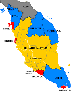 Malaya in 1922. The unfederated Malay states in blue, the Federated Malay StatesiFMS) in yellow and the British Straits Settlements in red